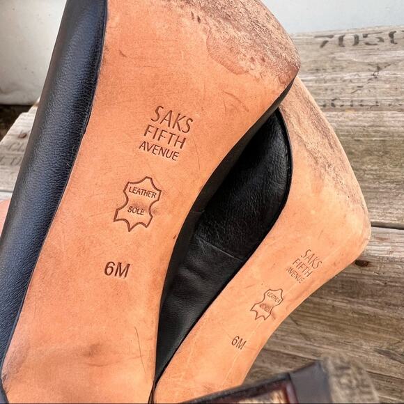 SAKS Fifth Avenue black stiletto pumps heels with tortoiseshell heel - Picture 6 of 6